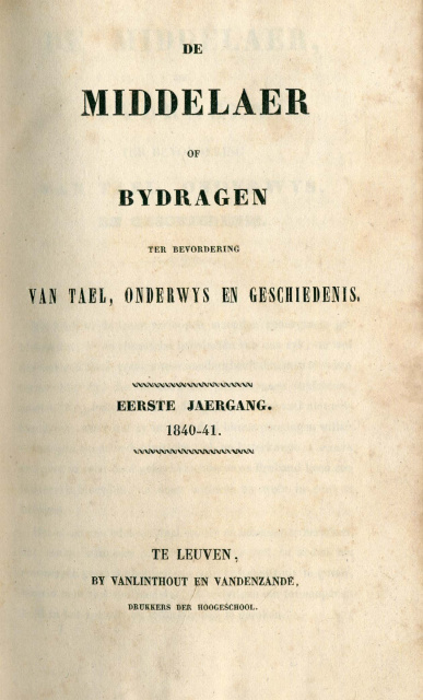 Omslag van De Middelaer, jg. 1, 1840-1841, nr. 1. (ADVN, VY2127)