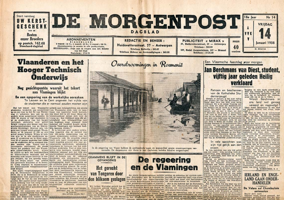 Voorpagina van De Morgenpost, jg. 18, 14 januari 1938, nr. 14. (ADVN, VY900216)