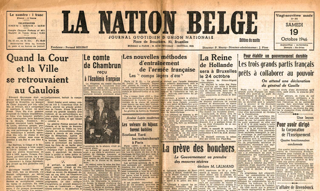 Voorpagina van La Nation Belge, jg. 29, 19 oktober 1946, nr. 291. (ADVN, VY900351)