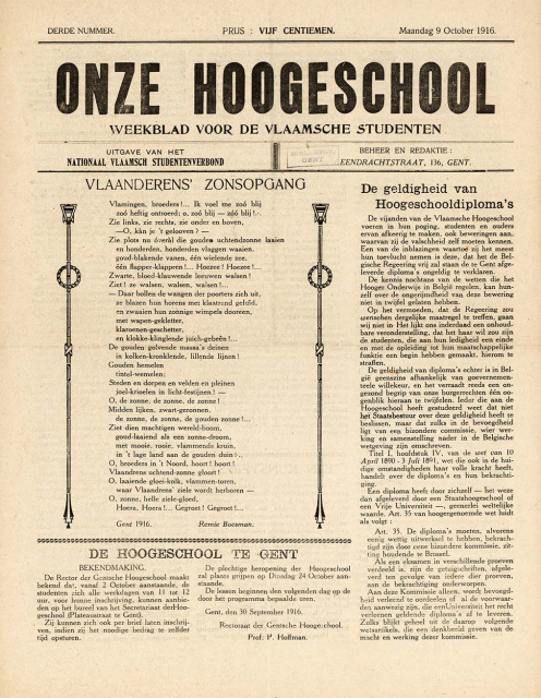 Voorpagina van Onze Hoogeschool, het weekblad van het Nationaal Vlaamsch Studentenverbond (NVS), 9 oktober 1916, nr. 3. (Universiteitsbibliotheek Gent)