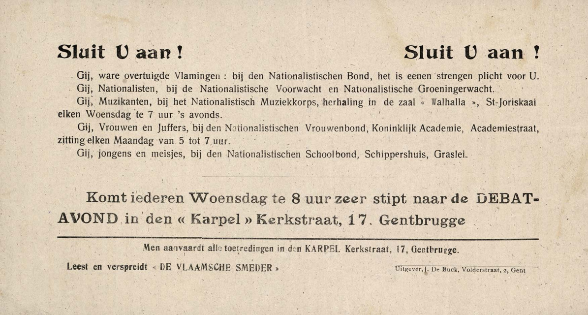 Oproep tot lidmaatschap van de Nationalistische Bond en verwante organisaties, 1914-1918. (Universiteitsbibliotheek Gent)