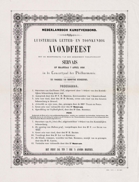 Programma van het Nederlandsch Kunstverbond voor het 'Luisterlijk Letter- en Toonkundig Avondfeest', 7 april 1856. (Collectie Stad Antwerpen, letterenhuis, lhdc386)
