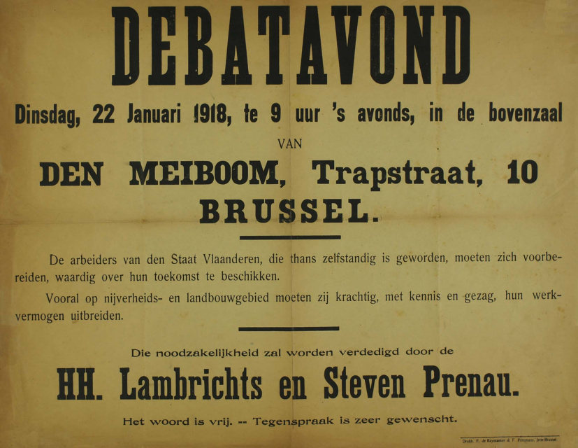 Affiche ter aankondiging van een debatavond met Steven Prenau, hoofdredacteur van De Vlam, een socialistisch weekblad dat in 1918 het pacifistische en activistische programma van Nieuw Vlaanderen vertolkte 1918. (Collectie Stad Antwerpen, Letterenhuis, tglhps29592)