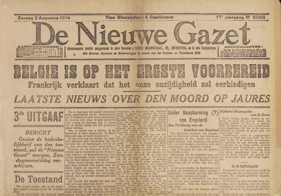 Voorpagina van De Nieuwe Gazet, 2 augustus 1914. (Universiteitsbibliotheek Gent)