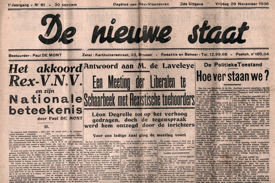 Voorblad van De Nieuwe Staat, jg. 1, 20 november 1936, nr. 81. (ADVN, VY900055)