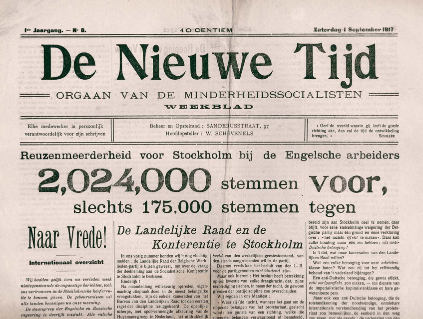Voorpagina van De Nieuwe Tijd, jg. 1, 1 september 1917, nr. 8. (ADVN, VY900000369)