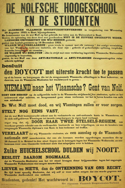 Pamflet van het Algemeen Vlaamsch Hoogstudentenverbond tegen het wetsontwerp van Pierre Nolf, 29 augustus 1923. (Collectie Stad Antwerpen, Letterenhuis, tglhps7843)