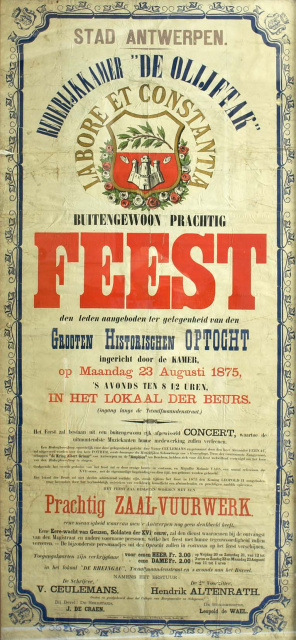 Affiche van de Antwerpse rederijkerskamer De Olijftak ter aankondiging van een avondfeest aangeboden aan haar leden, 23 augustus 1875. (Collectie Stad Antwerpen, Letterenhuis, tglhps1614)