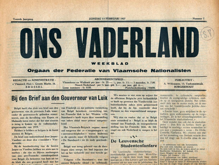Voorpagina van Ons Vaderland, jg. 2, 13 februari 1927, nr. 7. (ADVN, VY900100)