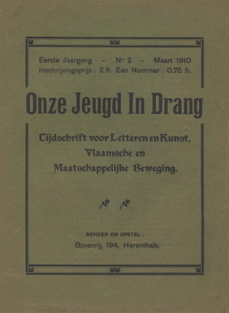 Omslag van Onze Jeugd in Drang, jg 1, 1910, nr. 2. (ADVN, VY281)