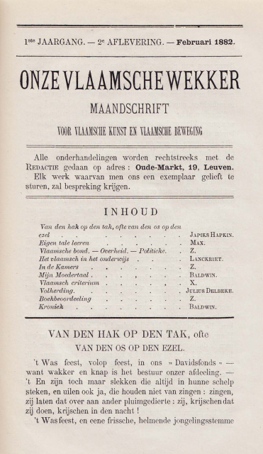 Omslag van Onze Vlaamsche Wekker, jg. 1, 1882, nr. 2. (ADVN)
