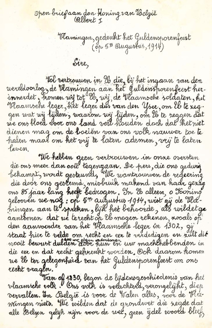Op 11 juli 1917 publiceerde de Frontbeweging een Open Brief aan de Koning der Belgen, Albert I. (ADVN, VFBY16)