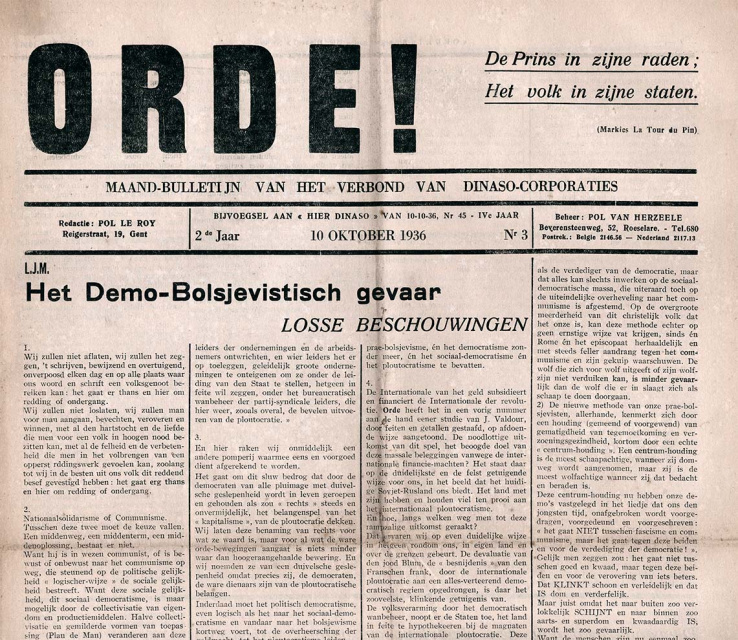 Omslag van Orde!, jg. 2, 10 oktober 1936, nr. 3. (ADVN, VY900187)
