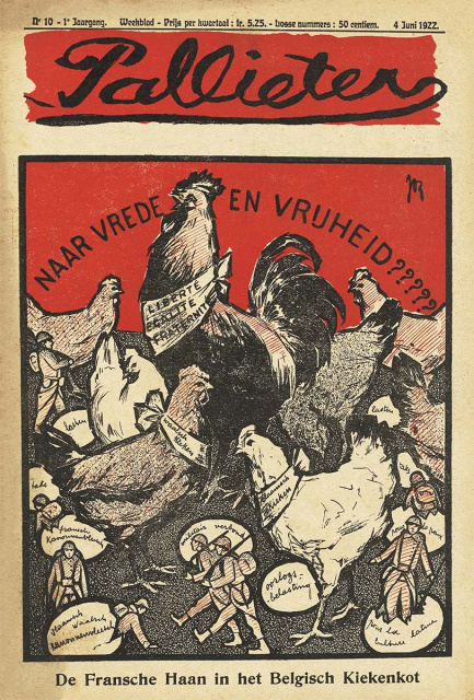 Het satirische weekblad Pallieter (4 juni 1922) bekritiseert het Frans-Belgisch militair akkoord. Ontwerp Jos de Swerts. (ADVN, VY400)