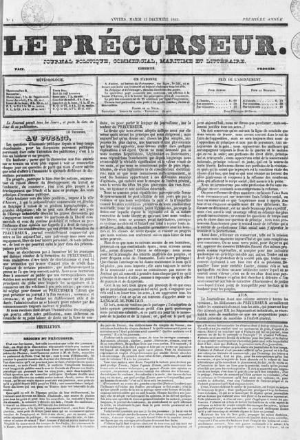 Voorpagina van Le Précurseur, 15 december 1835. (Erfgoedbibliotheek Hendrik Conscience, EHC_B8498)
