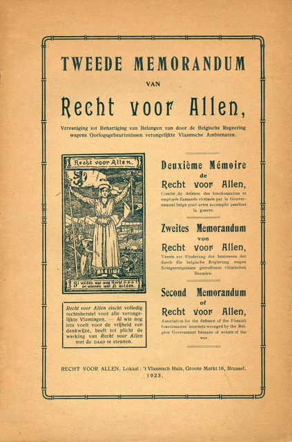 Omslag van het Tweede memorandum van Recht voor Allen, 1923. (ADVN, VB2549)