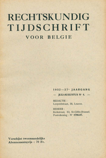 Omslag van het Rechtskundig Tijdschrift, jg. 27, juli-augustus 1932, nr. 4. (ADVN, VY1701)