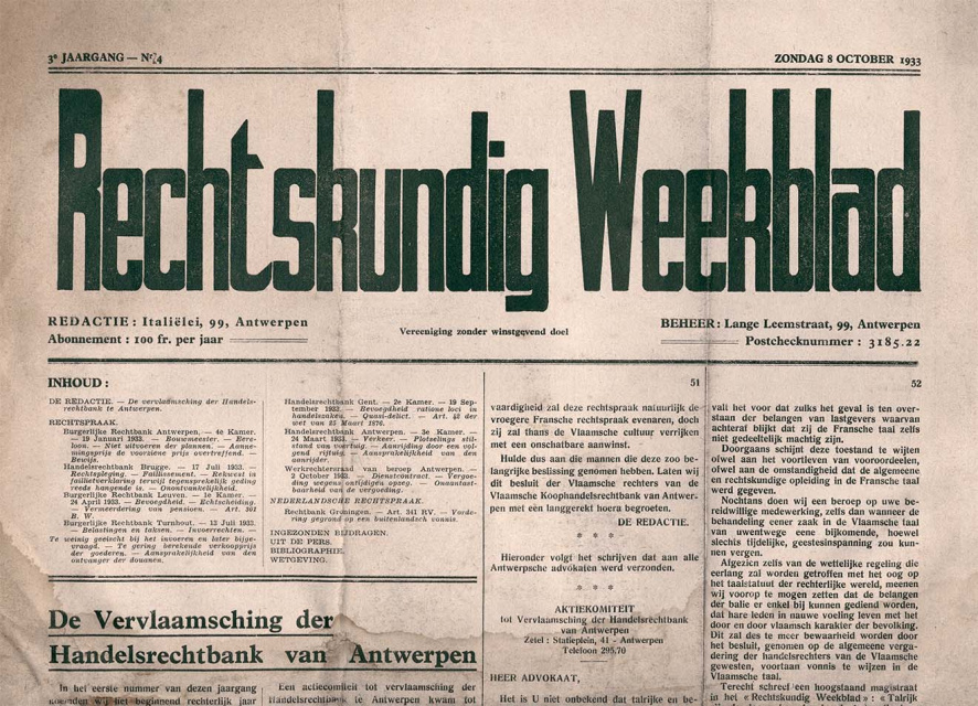Voorpagina van Rechtskundig Weekblad, jg. 3, 8 oktober 1933, nr. 4. (ADVN, VY900000468)