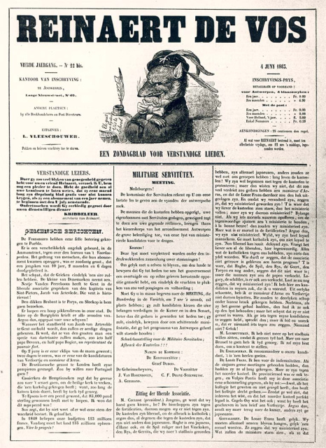 Voorpagina van het Antwerps satirisch weekblad Reinaert de Vos, 4 juni 1863. (ADVN, VFB725)