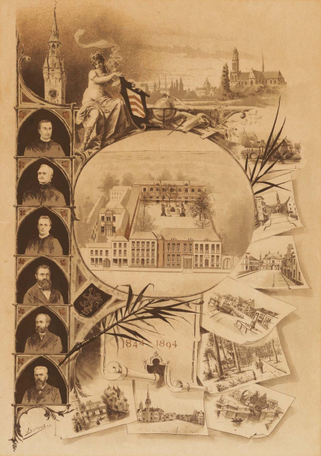 Rijksnormaalschool Lier. Litho uit 1894 ter ere van het 50-jarige bestaan van de school sinds de heroprichting ervan in 1844. Links onder elkaar de directeurs Philip de Coster (1844-1856), August Schoeters (1856-1876), Petrus Cleynhens (1876-1879), Louis Genonceaux (1879), Edouard de Geynst (1879-1882) en Hippoliet Temmerman (1882-1907). (Stadsmuseum Lier, A2300)