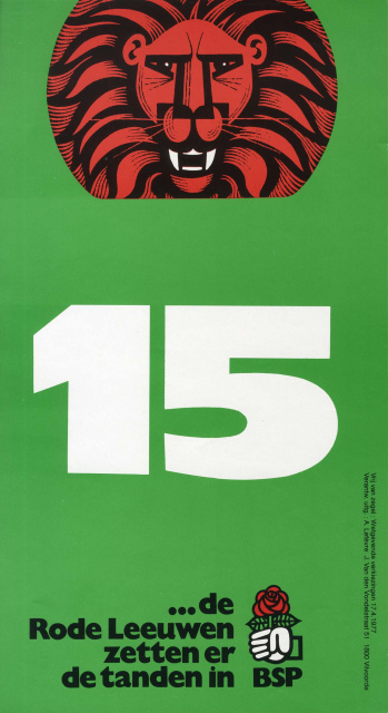Affiche uitgegeven door de Rode Leeuwen voor de parlementsverkiezingen van 1977. (Amsab-ISG, af000216)