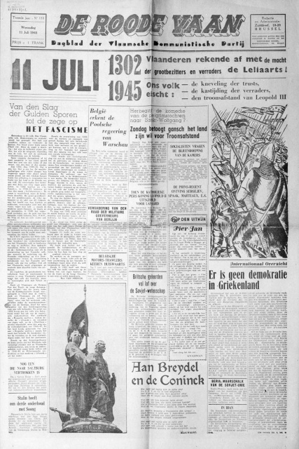 Voorpagina van De Rode Vaan, 11 juli 1945. (ADVN, VFB713)