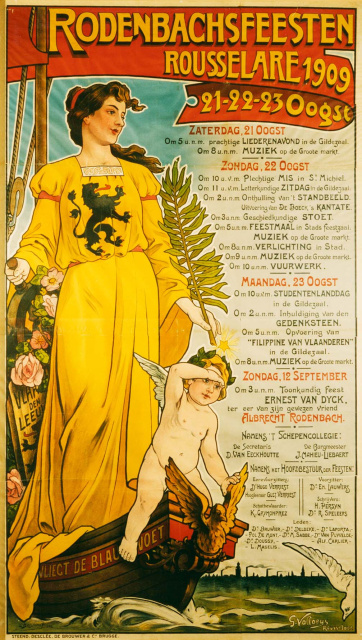 Affiche van de Rodenbachsfeesten te Roeselare, 1909. (ADVN, VFB692)