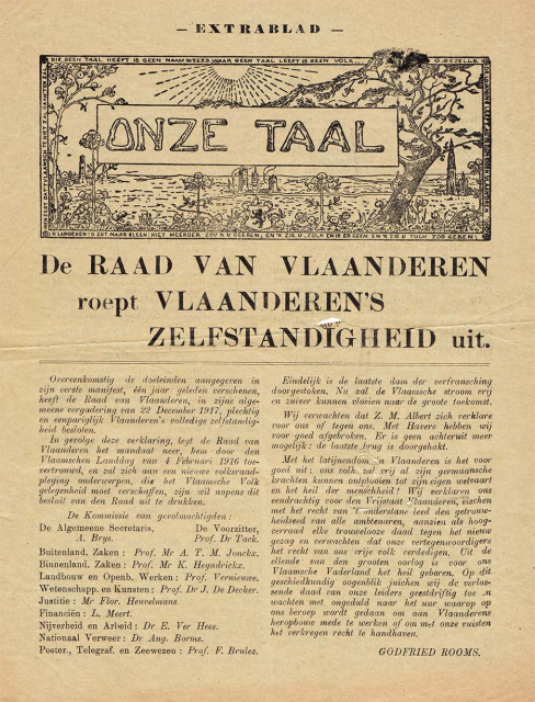 Godfried Rooms juicht de door de Raad van Vlaanderen uitgeroepen Vlaamse zelfstandigheid toe in deze extra editie van het kamptijdschrift Onze Taal, ca. eind december 1917. (ADVN, AC319)