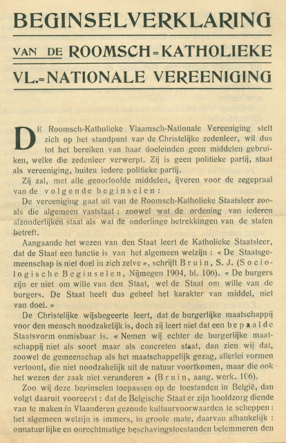 Beginselverklaring van de Roomsch Katholieke Vlaamsch Nationale Vereeniging, 1924. (ADVN, DA179/1)