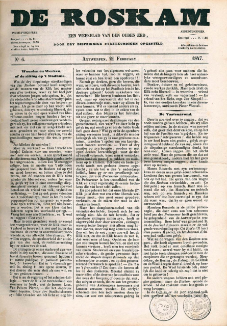 Voorpagina van De Roskam, 21 februari 1847, nr. 6. (ADVN, VY900491)