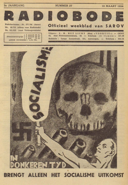 Voorpagina van Radiobode, het weekblad van de arbeidersradio Socialistische Arbeiders Radio Omroep voor Vlaanderen (SAROV), 18 maart 1934. (Amsab-ISG)