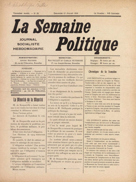 Voorpagina van het socialistische weekblad La Semaine Politique, jg. 3, 12 juli 1914, nr. 28. (Erfgoedbibliotheek Hendrik Conscience)