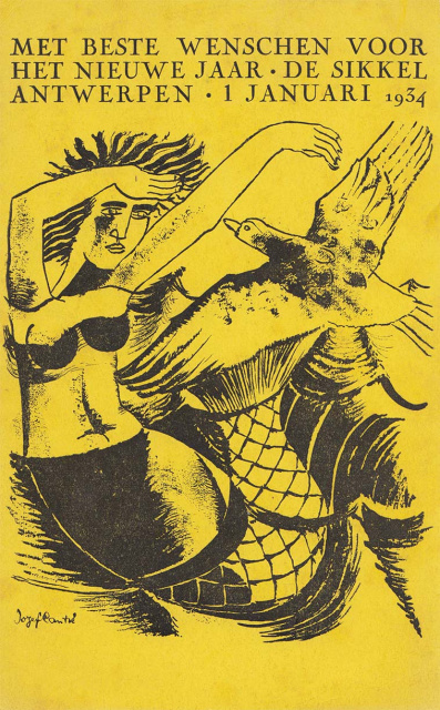 Nieuwjaarskaart van De Sikkel, ontworpen door Jozef Cantré, 1924. (Privéverzameling)