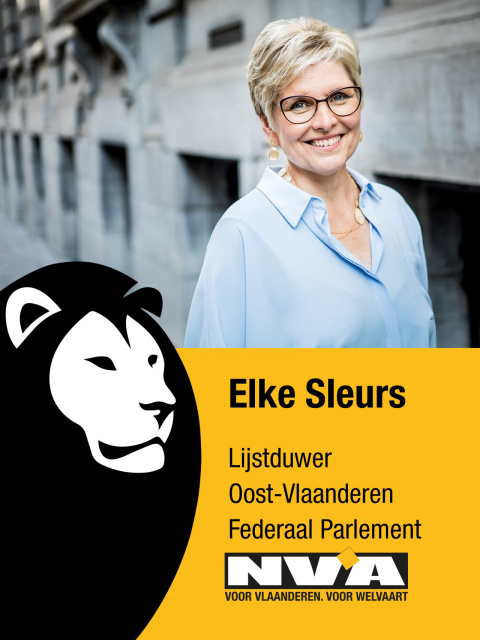 Affiche van Elke Sleurs, N-VA-lijstduwer in Oost-Vlaanderen voor de Federale Parlementsverkiezingen van 2024. Foto N-VA.