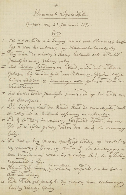Handschrift van Albrecht Rodenbach over de oprichting van de Vlaamsche Spelersgilde, 25 januari 1877. (Collectie Stad Antwerpen, Letterenhuis, tglhhs8520)