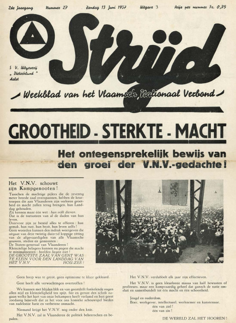 Omslag van het VNV-weekblad Strijd, jg. 2, 1937, nr. 27. (ADVN, VY900000/1218)