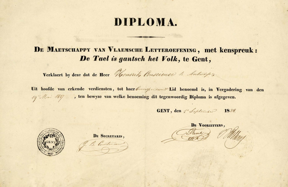 Getuigschrift van Hendrik Conscience, corresponderend lid van de Maetschappy van Vlaemsche Letteroefening, met kenspreuk: De Tael is gantsch het Volk, 1837-1838. (Collectie Stad Antwerpen, Letterenhuis, tglhdc4802)