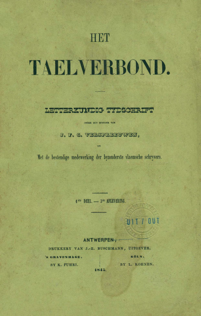 Omslag van Het Taelverbond, eerste deel, derde aflevering, 1845. (ADVN, SPE1154)