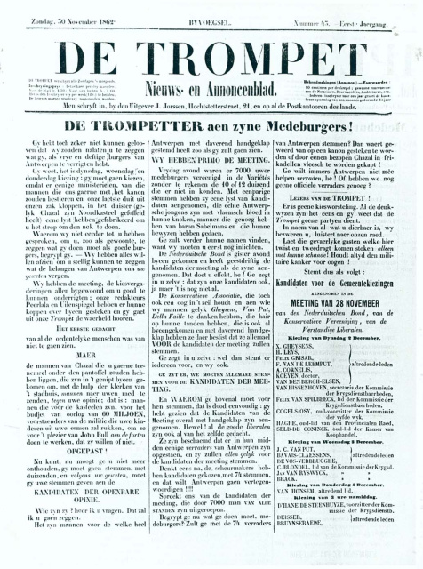 Omslag van De Trompet, jg. 1, 30 november 1862, nr. 45. (ADVN, VFB714)