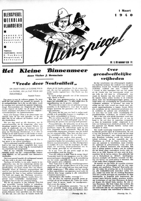 Omslag van Ulenspiegel, 1 maart 1940, nr. 9. (Erfgoedbibliotheek Hendrik Conscience)