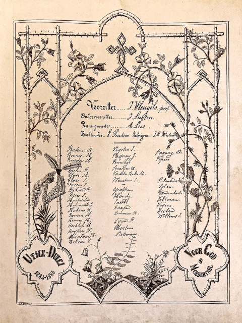 Bladzijde uit het verslagboek van Utile Dulci, met de samenstelling en leden van het genootschap, 1884-1885. (Bibliotheek Hasselt Limburg)