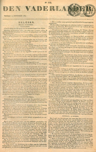 Omslag van Den Vaderlander, 12 november 1830. (ADVN, VY900423)