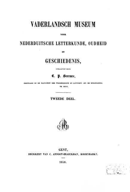 Omslag van deel twee van de uitgave Vaderlandsch Museum voor Nederduitsche Letterkunde, Oudheid en Geschiedenis, 1858. (Universiteitsbibliotheek Gent)
