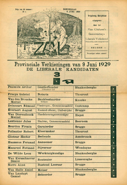 Voorpagina van t' Zal, het maandblad van het Van Gheluwe’s Genootschap, 6 juni 1929 (ADVN, VY900000/1669)