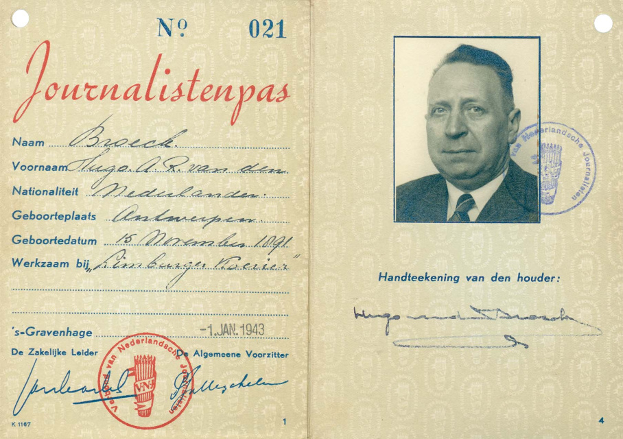 De perskaart van Hugo van den Broeck uitgegeven door het Verbond van Nederlandsche Journalisten, 1943. (ADVN, AC1080)