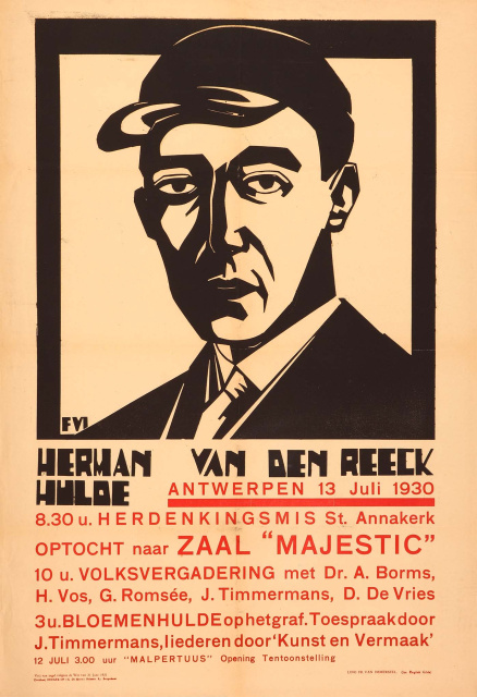 Aankondiging van de Herman van den Reeck-hulde in Antwerpen, 13 juli 1930. Ontwerp affiche: Frans van Immerseel. (ADVN, VAFB79)