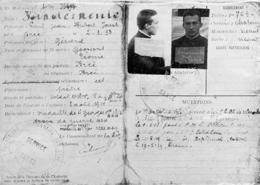 Militiekaart van aalmoezenier Paul Vandermeulen, 1914-1919. (ADVN, VFDY34)