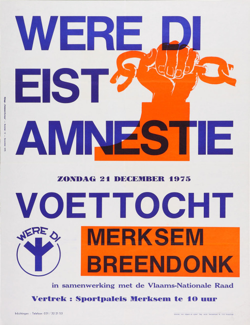 Oproep om deel te nemen aan een voettocht voor amnestie, georganiseerd door Were Di in samenwerking met de Vlaams-Nationale Raad, 21 december 1975. (ADVN, VAFB21)