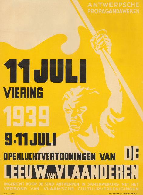 Affiche van het Verbond van Vlaamse Cultuurverenigingen Antwerpen voor de openluchtopvoering van De Leeuw van Vlaenderen, bewerkt door Frans Meire, 9-11 juli 1939. Ontwerp Lode Seghers. (Collectie Stad Antwerpen, Letterenhuis, tglhps2942)