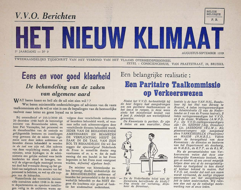 Voorpagina van Nieuw Klimaat, het tweemaandelijks tijdschrift van het Verbond van het Vlaams Overheidspersoneel, jg. 2, augustus-september 1959, nr. 9. (ADVN, VY900033)
